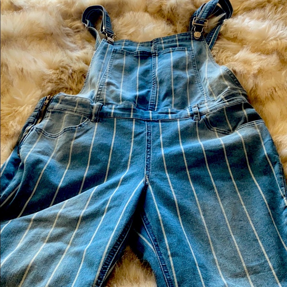 Pinstriped jean overalls